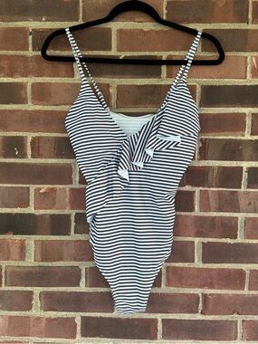 Sureforu Striped Ruffle One Piece Swimsuit V Neck Blue White Small NWT